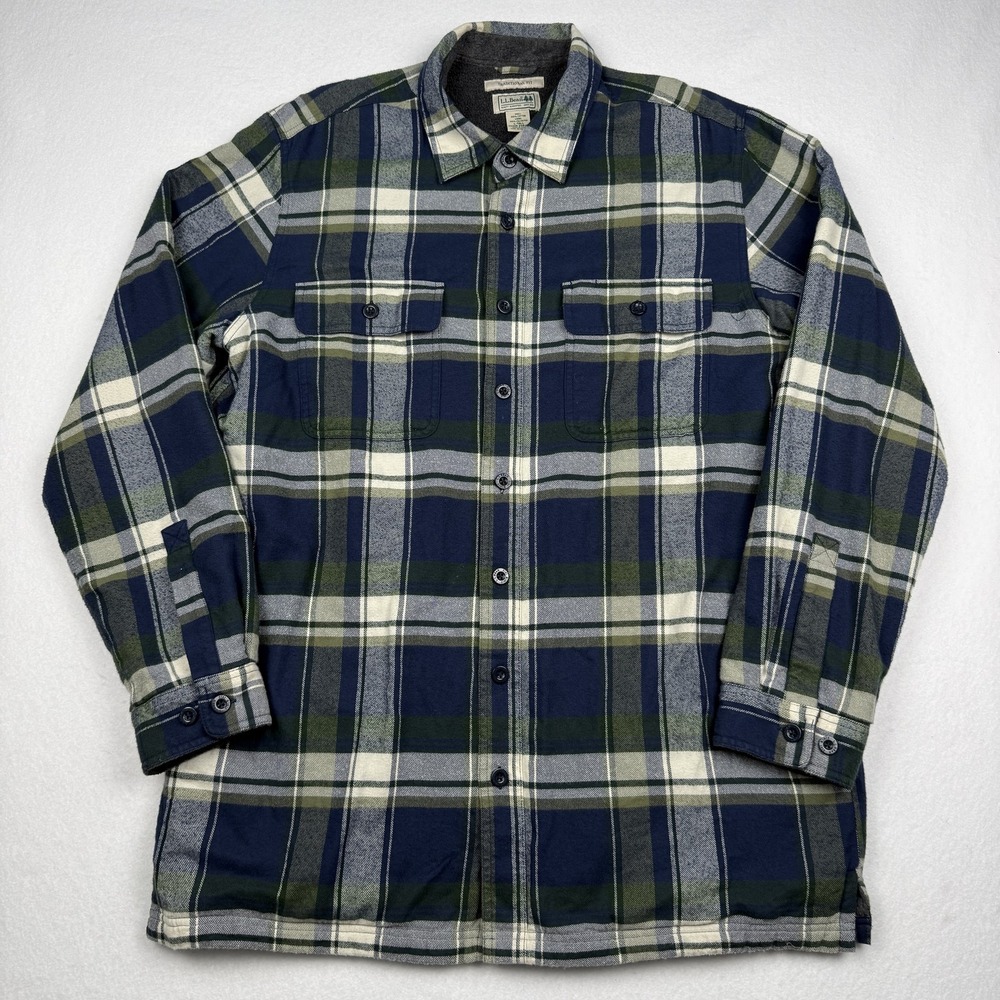 L.L.Bean Shirt Mens LT Tall Blue Plaid Fleece Lined Flannel Button Up Workwear
